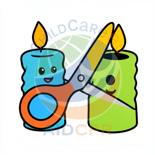 Scissors cutting between two smiling candles