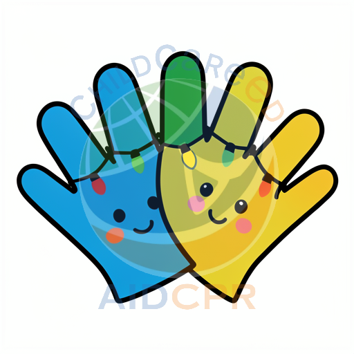 Two colorful hands holding string lights together
