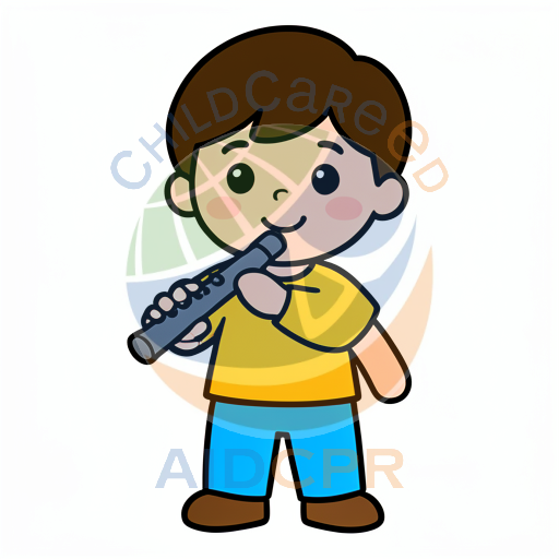 Boy playing flute with happy expression