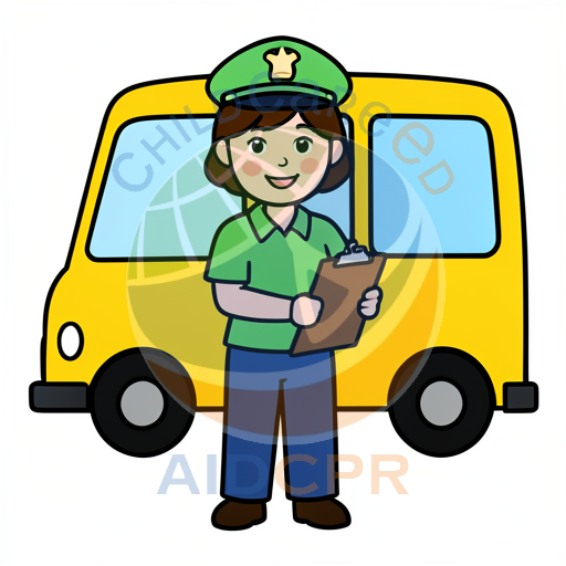 Bus driver checking school bus with clipboard
