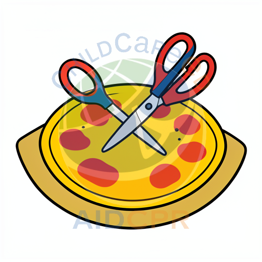 Scissors cutting a pepperoni pizza slice