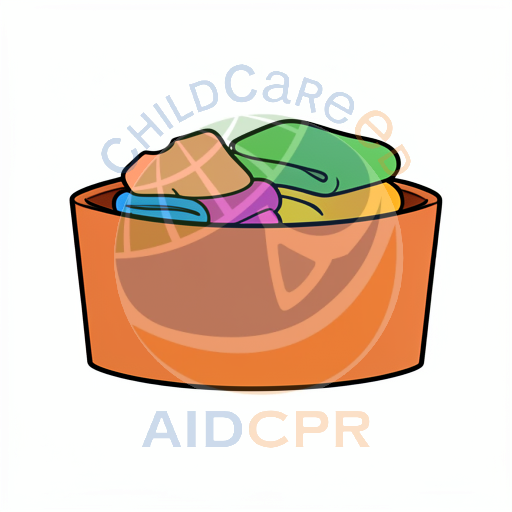 Orange container holding assorted folded fabrics