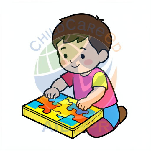 Child assembling colorful puzzle pieces