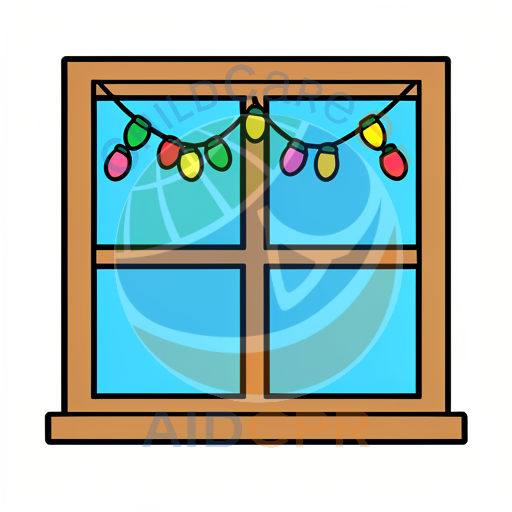 Window with colorful string lights hanging