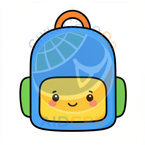Cute smiling blue backpack with orange handle