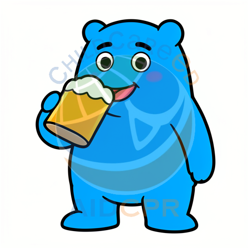 Blue bear happily drinking a beer