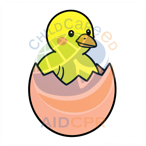 Yellow duckling hatching from egg