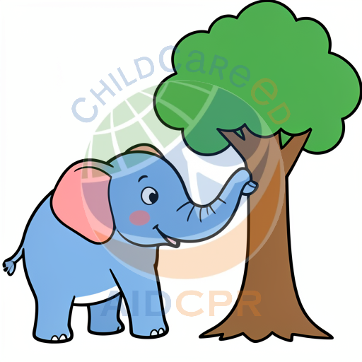 Blue elephant touching tree trunk