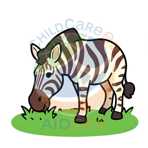 Zebra grazing on green grass patch