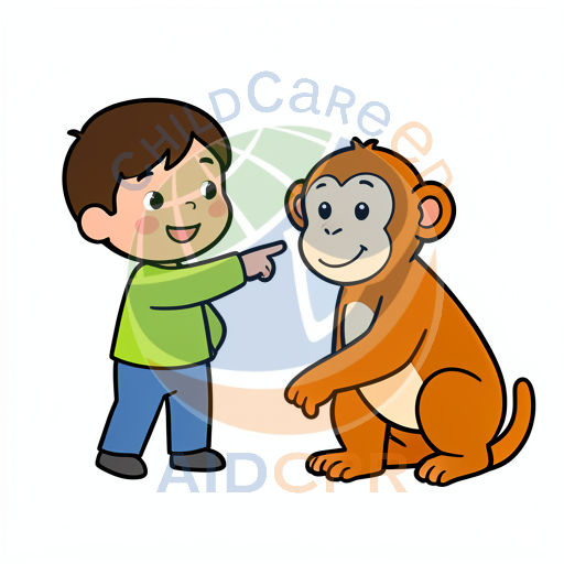 Boy pointing at smiling monkey - ChildCareEd