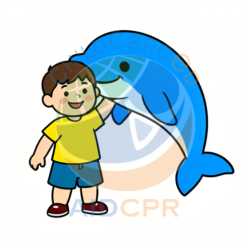 Boy hugging friendly blue dolphin