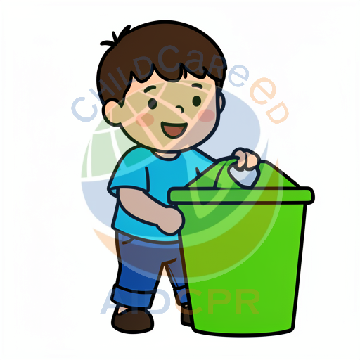 Boy throwing trash into green bin