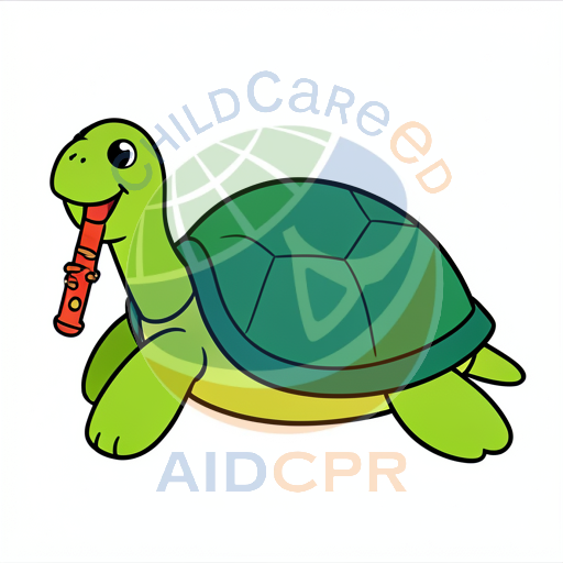 Happy turtle playing red flute