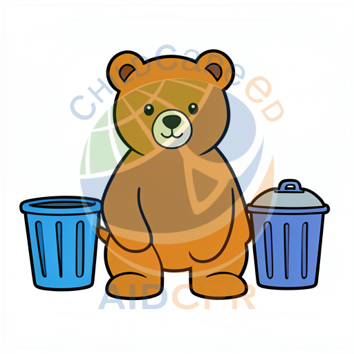 Brown bear sitting between two blue bins