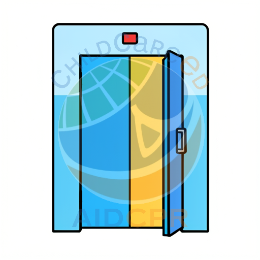 Elevator door opening with red button