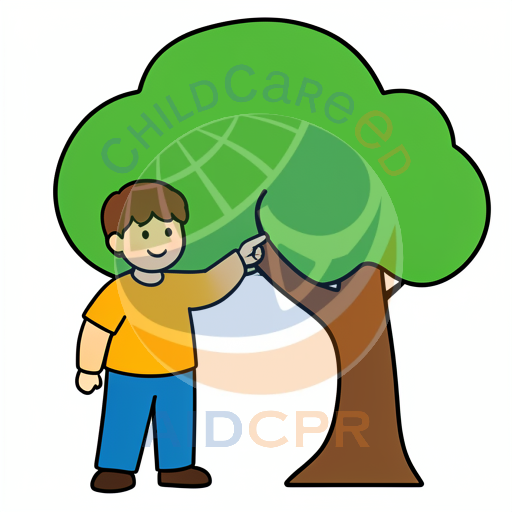 Boy pointing at green tree