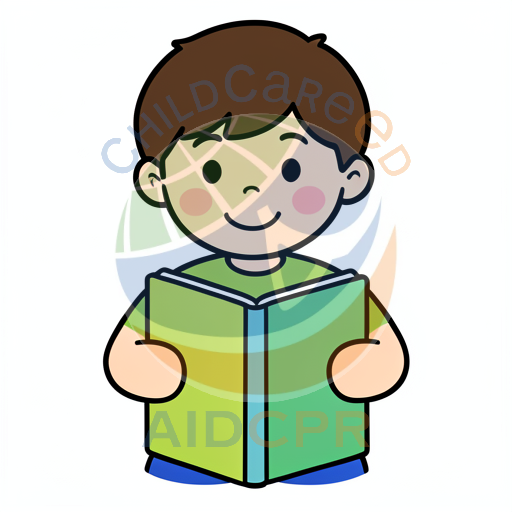 Child smiling while reading green book