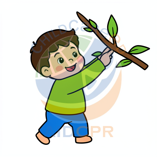 Boy smiling while grasping tree branch