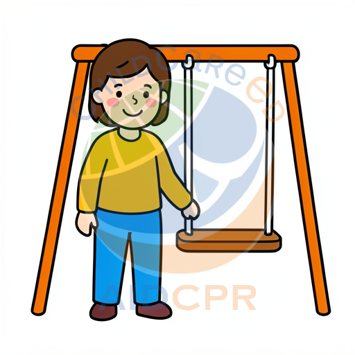 Child standing beside empty swing set