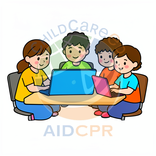Four children smiling while using laptops together