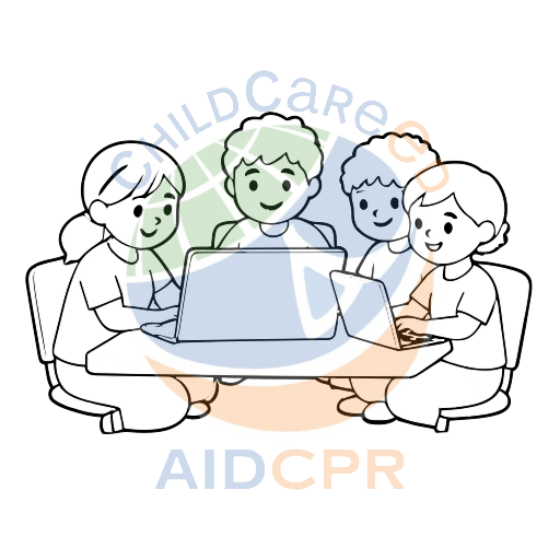 Four children smiling while using laptops together coloring page
