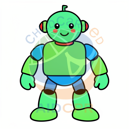 Friendly green robot with red cheeks smiling