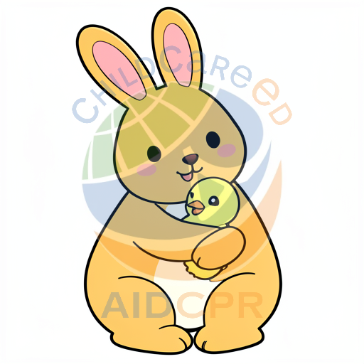 Friendly rabbit holding a small chick