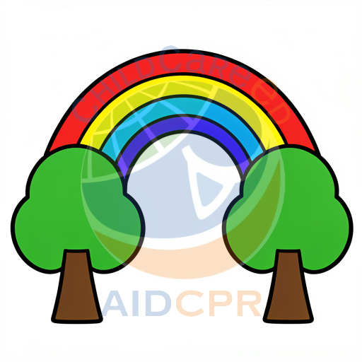 Rainbow arching over two green trees