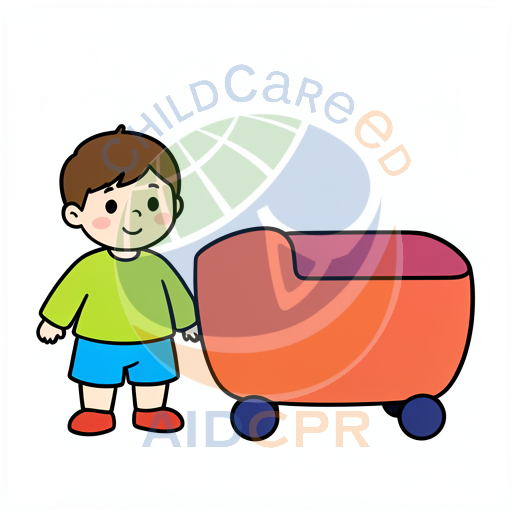 Boy pushing red sofa on wheels
