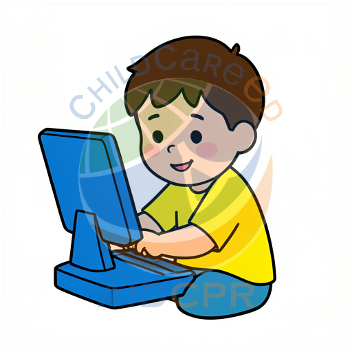 Happy child using computer with blue screen
