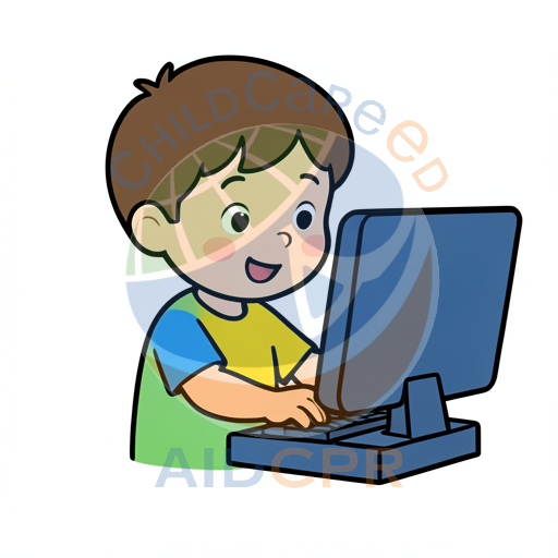 Happy child using computer keyboard