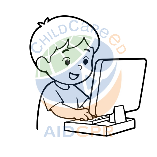Happy child using computer keyboard coloring page