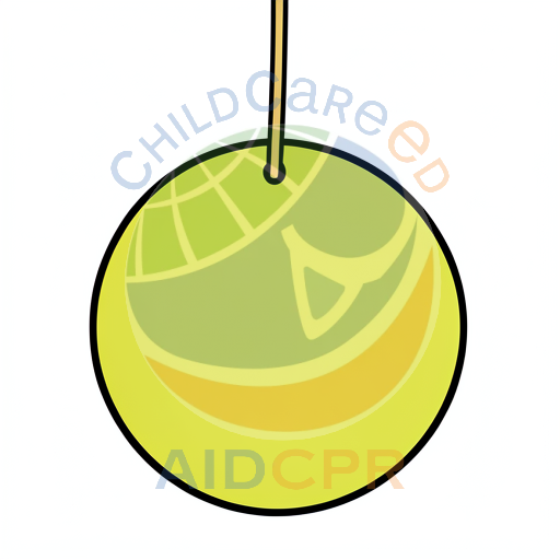 Yellow round object hanging by string