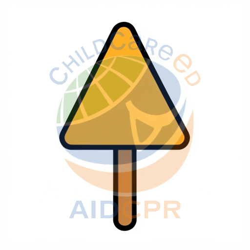 Yellow triangular warning sign on stick