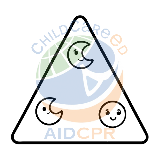 Three smiling moons inside a triangle coloring page