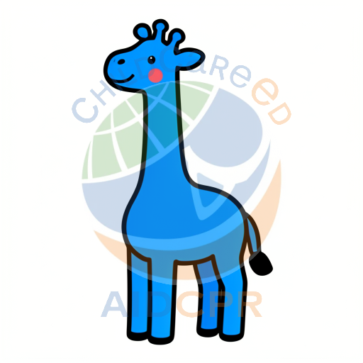 Blue giraffe standing with red cheeks
