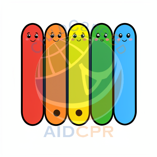 Five smiling rainbow-colored xylophone bars