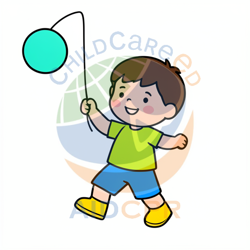 Boy playing with a teal ball on a string