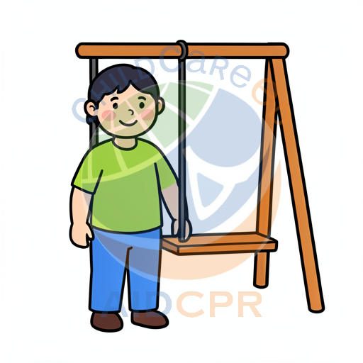 Child standing beside empty swing
