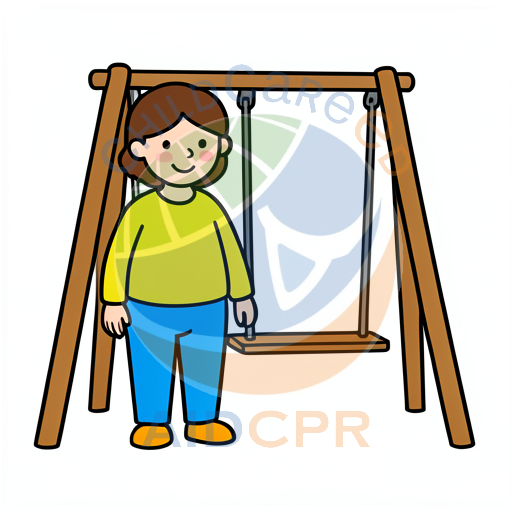 Child standing beside empty swing set
