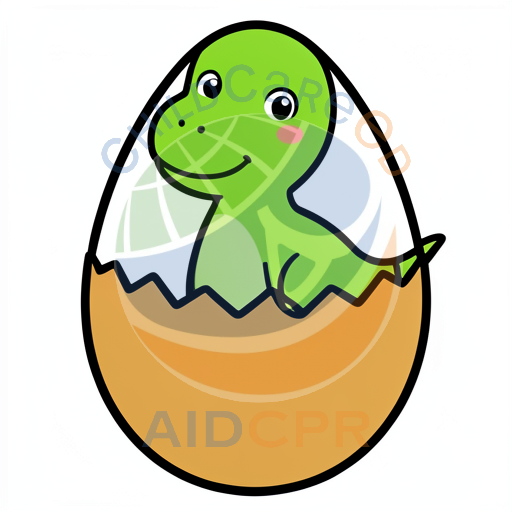 Green dinosaur hatching from egg