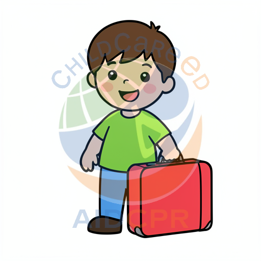 Happy boy pulling red suitcase