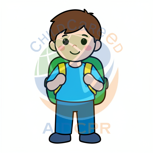 Smiling boy with green backpack standing