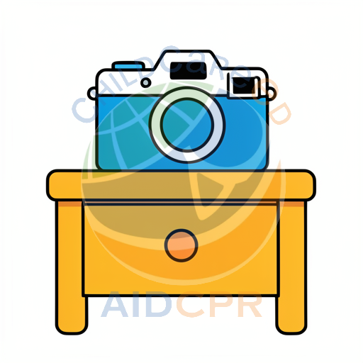 Blue camera sitting on yellow table