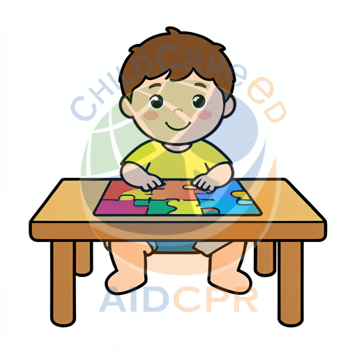 Child smiling while assembling colorful puzzle