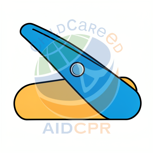 Blue stapler with yellow base and circular button