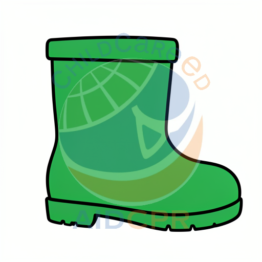 Green rain boot standing alone