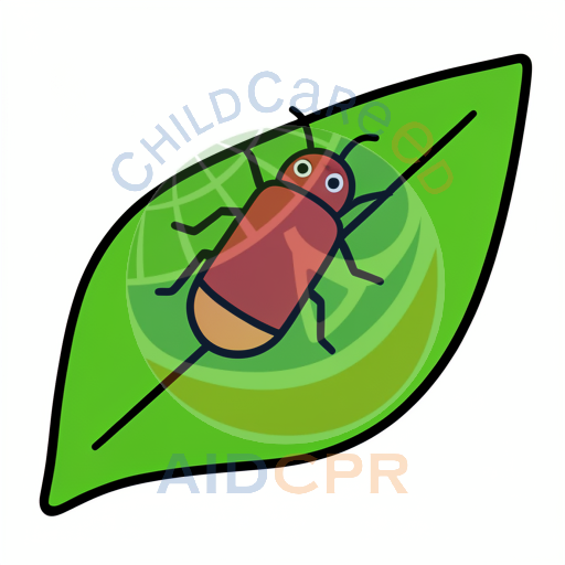 Red bug crawling on green leaf