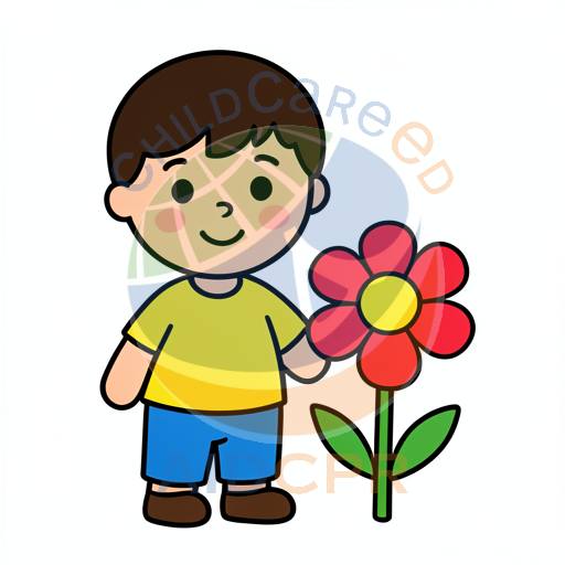 Child smiling while presenting a bright flower