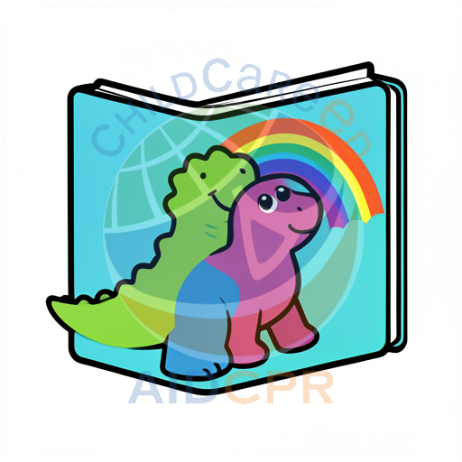 Two smiling dinosaurs reading a rainbow book